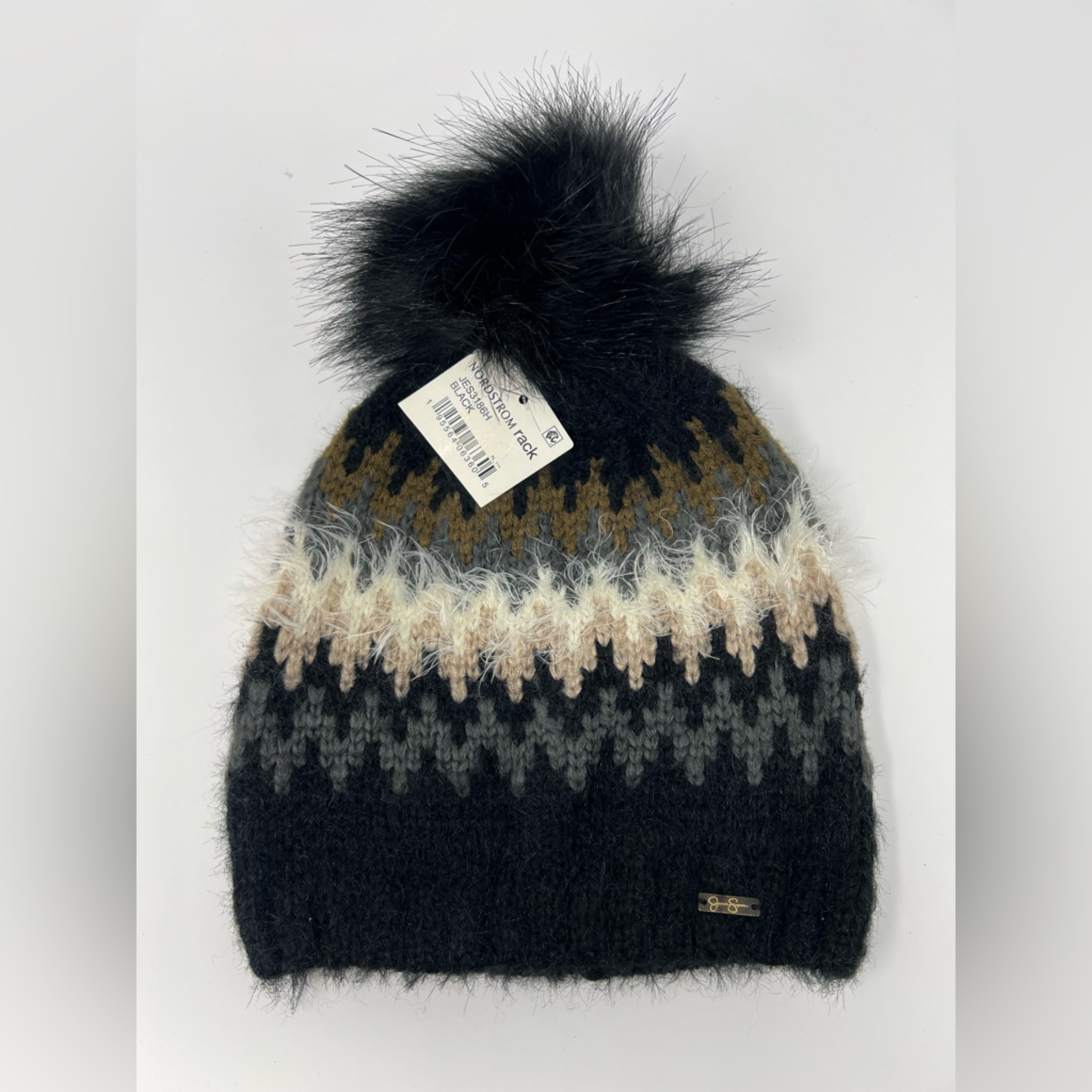 Jessica Simpson Fairisle Black Knit Fuzzy Beanie W/ Pom Pom | Nwt